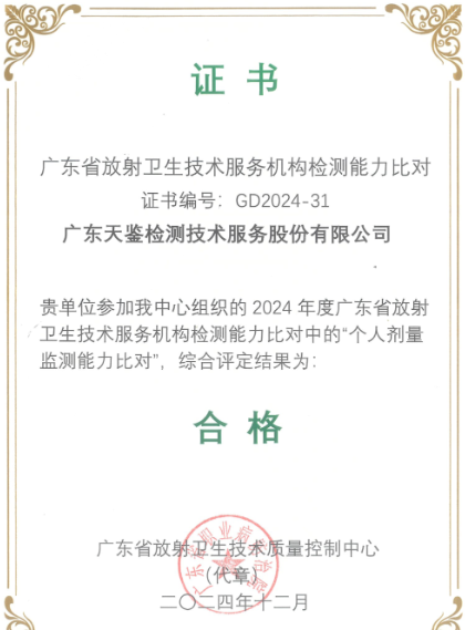 我司参加“广东省放射卫生技术质量控制中心”组织的能力验证项目，结果为“合格”