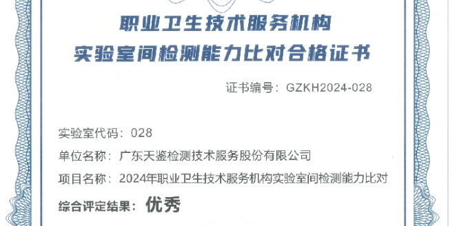 我司在2024年职业卫生技术服务机构实验室间检测能力比对项目，评定结果为“优秀”